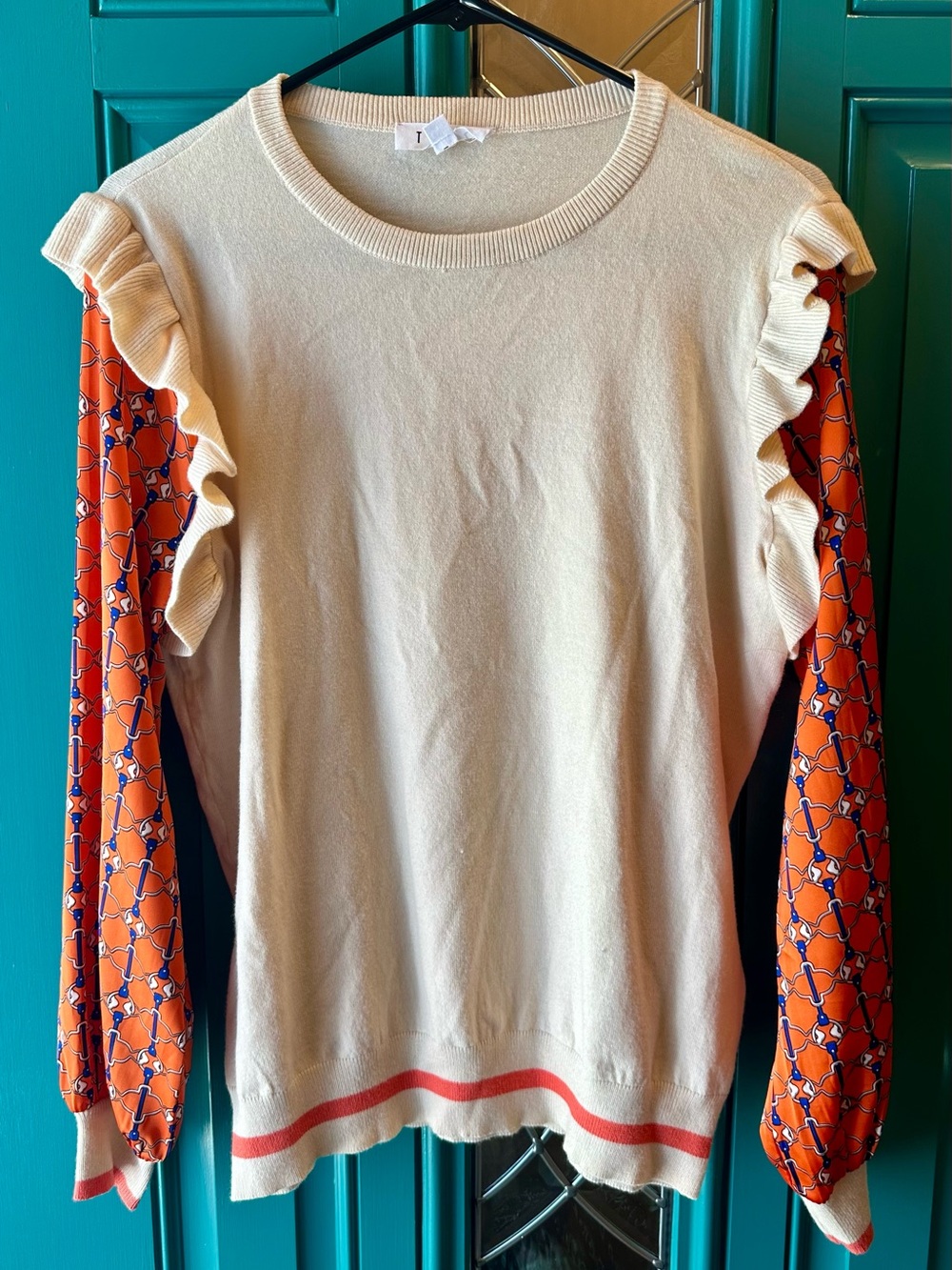 THML Mixed Media Ruffle Sweater Orange Equestrian Horse Bit Print Sleeve Size M